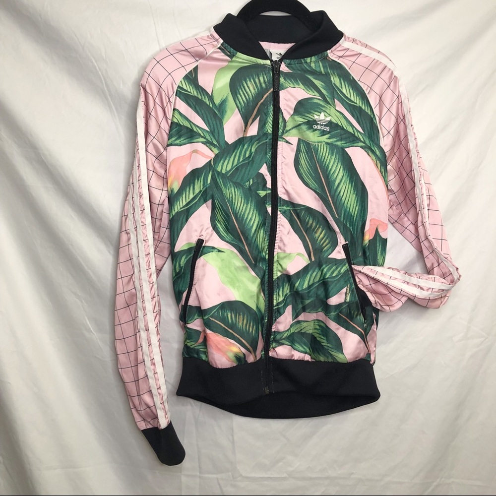 Adidas Pink Green Tropical Floral Print Silky Satin Track Jacket Size Small